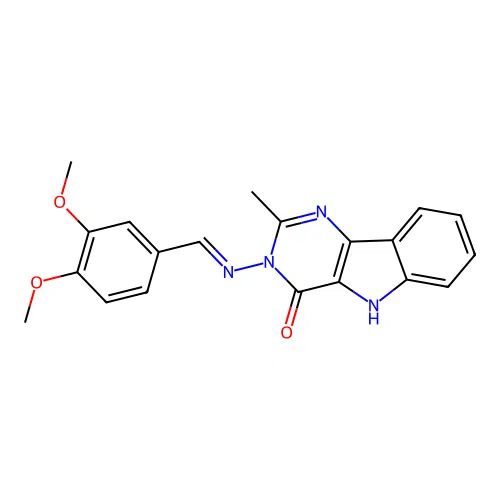 (E)-3-((3,4-dimethoxybenzylidene)amino)-2-methyl-3H-pyrimido[5,4-b]indol-4(5H)-one structure