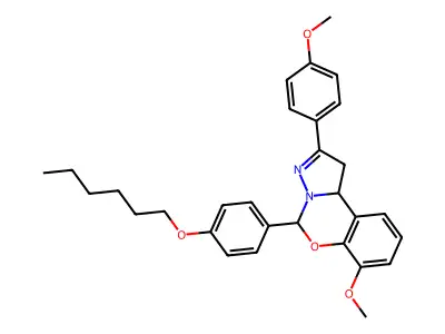 5-[4-(hexyloxy)phenyl]-7-methoxy-2-(4-methoxyphenyl)-1,10b-dihydropyrazolo[1,5-c][1,3]benzoxazine structure