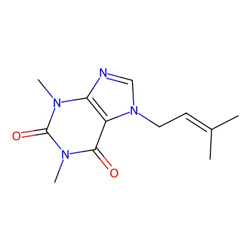 1,3-dimethyl-7-(3-methylbut-2-en-1-yl)-3,7-dihydro-1H-purine-2,6-dione structure