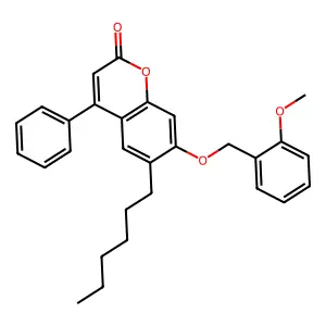 6-hexyl-7-[(2-methoxybenzyl)oxy]-4-phenyl-2H-chromen-2-one structure