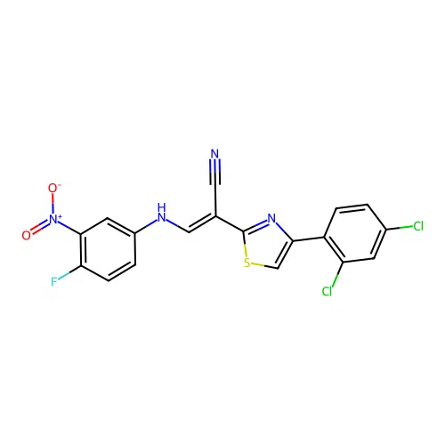 (E)-2-(4-(2,4-dichlorophenyl)thiazol-2-yl)-3-((4-fluoro-3-nitrophenyl)amino)acrylonitrile structure