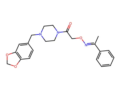 Acetophenone O-[[4-(3,4-methylenedioxybenzyl)piperazino]carbonylmethyl]oxime structure