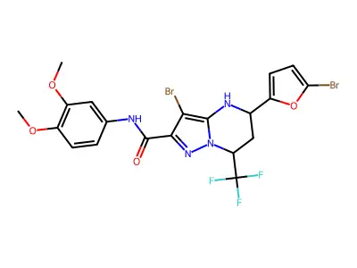 3-bromo-5-(5-bromo-2-furyl)-N-(3,4-dimethoxyphenyl)-7-(trifluoromethyl)-4,5,6,7-tetrahydropyrazolo[1,5-a]pyrimidine-2-carboxamide structure
