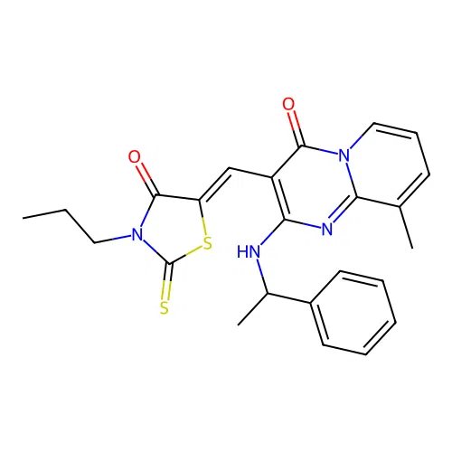 (Z)-5-((9-methyl-4-oxo-2-((1-phenylethyl)amino)-4H-pyrido[1,2-a]pyrimidin-3-yl)methylene)-3-propyl-2-thioxothiazolidin-4-one structure