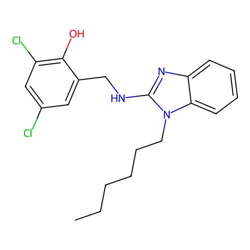 2,4-dichloro-6-{[(1-hexyl-1H-benzimidazol-2-yl)amino]methyl}phenol structure