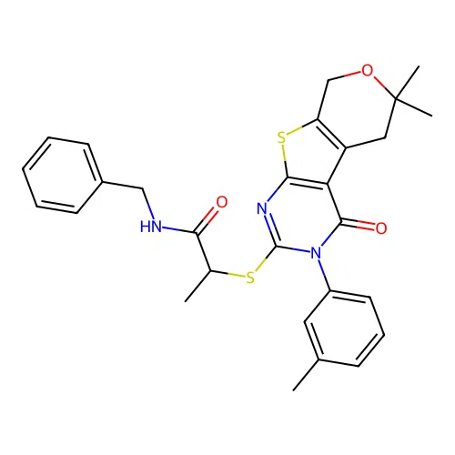 N-benzyl-2-((6,6-dimethyl-4-oxo-3-(m-tolyl)-4,5,6,8-tetrahydro-3H-pyrano[4',3':4,5]thieno[2,3-d]pyrimidin-2-yl)thio)propanamide structure