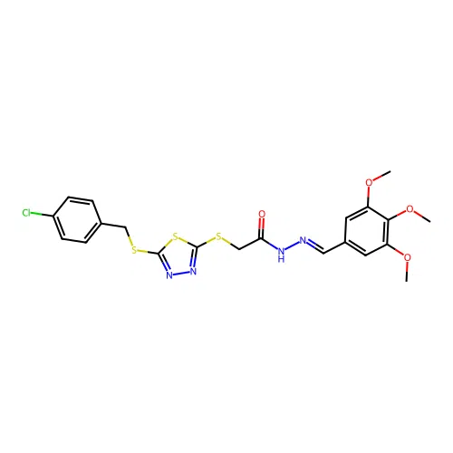 2-({5-[(4-chlorobenzyl)sulfanyl]-1,3,4-thiadiazol-2-yl}sulfanyl)-N'-[(E)-(3,4,5-trimethoxyphenyl)methylidene]acetohydrazide structure