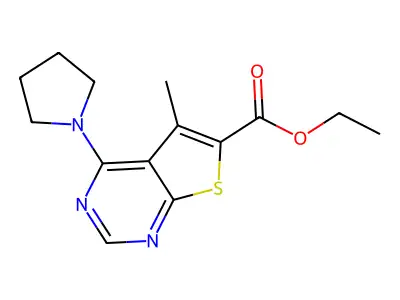 Ethyl 5-methyl-4-(1-pyrrolidinyl)thieno[2,3-d]pyrimidine-6-carboxylate structure