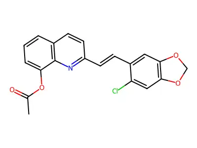 2-[(E)-2-(6-chloro-1,3-benzodioxol-5-yl)ethenyl]quinolin-8-yl acetate structure