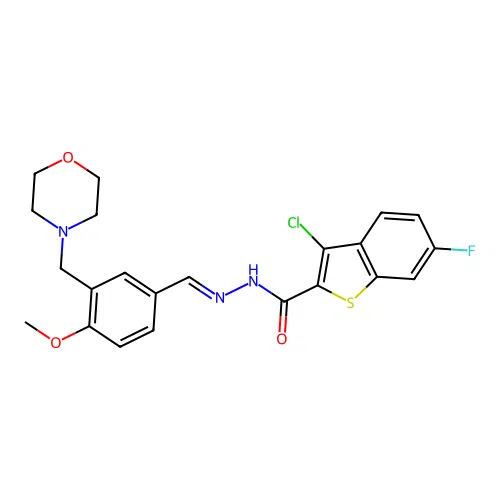 3-chloro-6-fluoro-N-[(E)-[4-methoxy-3-(morpholin-4-ylmethyl)phenyl]methylideneamino]-1-benzothiophene-2-carboxamide structure