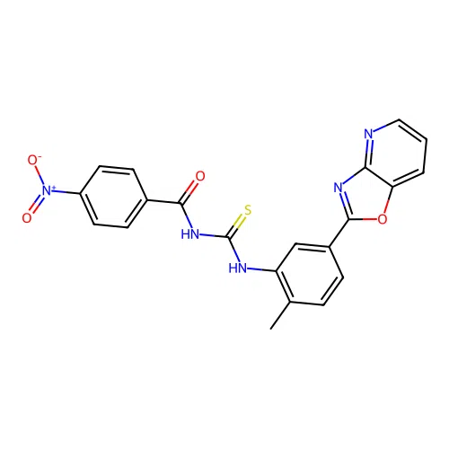 N-((2-methyl-5-(oxazolo[4,5-b]pyridin-2-yl)phenyl)carbamothioyl)-4-nitrobenzamide structure