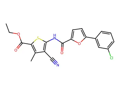 Ethyl 5-(5-(3-chlorophenyl)furan-2-carboxamido)-4-cyano-3-methylthiophene-2-carboxylate structure