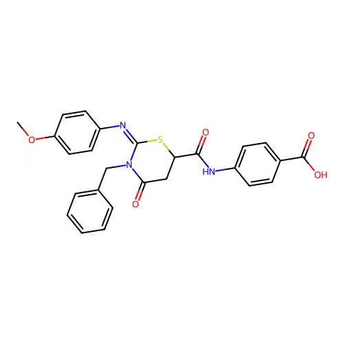 4-[({(2Z)-3-benzyl-2-[(4-methoxyphenyl)imino]-4-oxo-1,3-thiazinan-6-yl}carbonyl)amino]benzoic acid structure