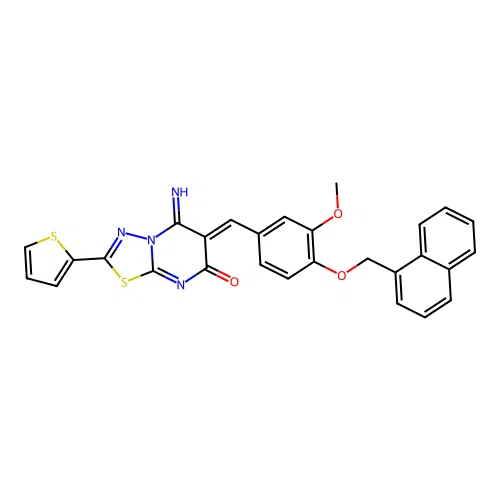(6Z)-5-imino-6-[[3-methoxy-4-(naphthalen-1-ylmethoxy)phenyl]methylidene]-2-thiophen-2-yl-[1,3,4]thiadiazolo[3,2-a]pyrimidin-7-one structure