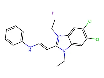 N-[2-(5,6-dichloro-1,3-diethylbenzimidazol-3-ium-2-yl)ethenyl]aniline iodide structure