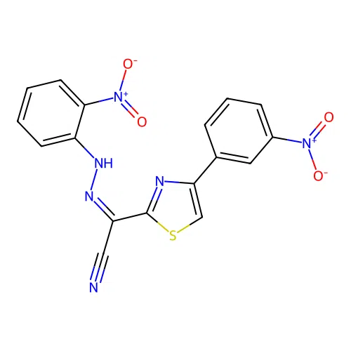 (Z)-N'-(2-nitrophenyl)-4-(3-nitrophenyl)thiazole-2-carbohydrazonoyl cyanide structure