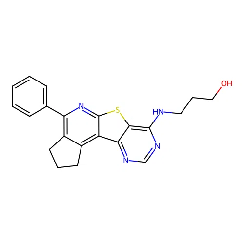 3-((4-phenyl-2,3-dihydro-1H-cyclopenta[4',5']pyrido[3',2':4,5]thieno[3,2-d]pyrimidin-7-yl)amino)propan-1-ol structure