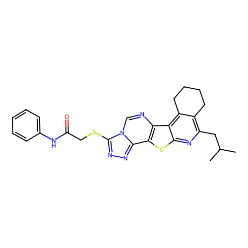 2-((11-isobutyl-7,8,9,10-tetrahydro-[1,2,4]triazolo[4'',3'':1',6']pyrimido[4',5':4,5]thieno[2,3-c]isoquinolin-3-yl)thio)-N-phenylacetamide structure