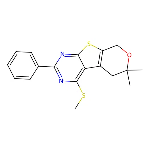 6,6-dimethyl-4-(methylsulfanyl)-2-phenyl-5,8-dihydro-6H-pyrano[4',3':4,5]thieno[2,3-d]pyrimidine structure