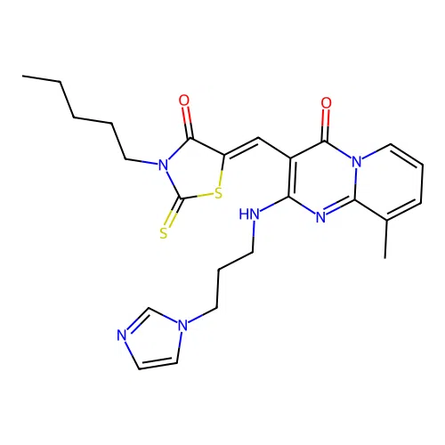 2-{[3-(1H-imidazol-1-yl)propyl]amino}-9-methyl-3-[(Z)-(4-oxo-3-pentyl-2-thioxo-1,3-thiazolidin-5-ylidene)methyl]-4H-pyrido[1,2-a]pyrimidin-4-one structure