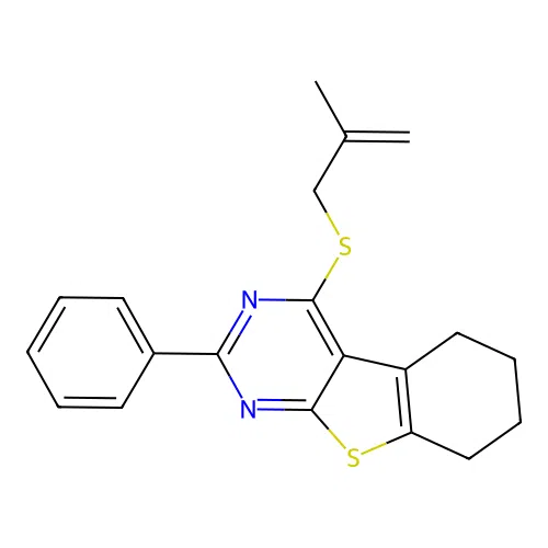 4-((2-methylallyl)thio)-2-phenyl-5,6,7,8-tetrahydrobenzo[4,5]thieno[2,3-d]pyrimidine structure