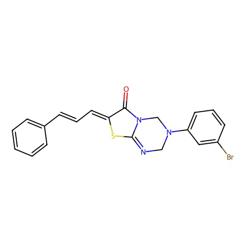 3-(3-bromophenyl)-8-cinnamylidene-7-thia-1,3,5-triazabicyclo[4.3.0]non-5-en-9-one structure