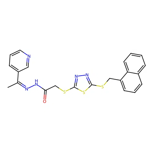 (Z)-2-((5-((naphthalen-1-ylmethyl)thio)-1,3,4-thiadiazol-2-yl)thio)-N'-(1-(pyridin-3-yl)ethylidene)acetohydrazide structure