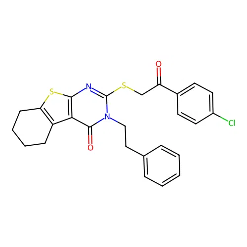 2-((2-(4-chlorophenyl)-2-oxoethyl)thio)-3-phenethyl-5,6,7,8-tetrahydrobenzo[4,5]thieno[2,3-d]pyrimidin-4(3H)-one structure
