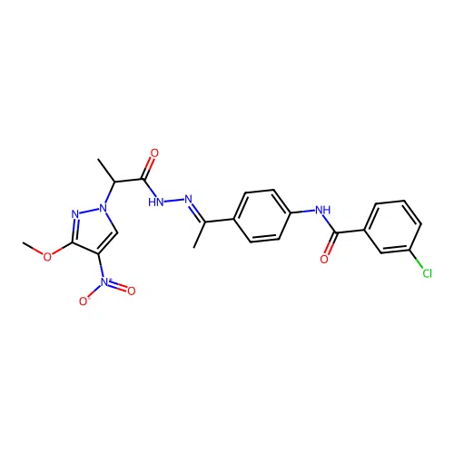 3-chloro-N-[4-[(E)-N-[2-(3-methoxy-4-nitropyrazol-1-yl)propanoylamino]-C-methylcarbonimidoyl]phenyl]benzamide structure