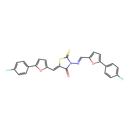 (5Z)-5-[[5-(4-fluorophenyl)furan-2-yl]methylidene]-3-[(E)-[5-(4-fluorophenyl)furan-2-yl]methylideneamino]-2-sulfanylidene-1,3-thiazolidin-4-one structure
