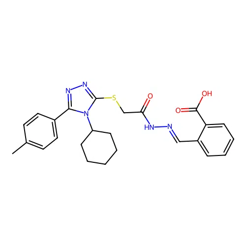 (E)-2-((2-(2-((4-cyclohexyl-5-(p-tolyl)-4H-1,2,4-triazol-3-yl)thio)acetyl)hydrazono)methyl)benzoic acid structure