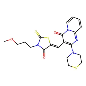 3-{(Z)-[3-(3-methoxypropyl)-4-oxo-2-thioxo-1,3-thiazolidin-5-ylidene]methyl}-2-(thiomorpholin-4-yl)-4H-pyrido[1,2-a]pyrimidin-4-one structure