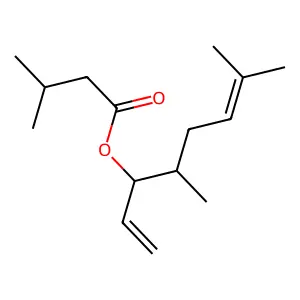 Isovaleric acid (4,7-dimethyl-1,6-octadien-3-YL) ester structure