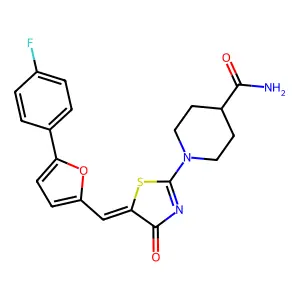 (E)-1-(5-((5-(4-fluorophenyl)furan-2-yl)methylene)-4-oxo-4,5-dihydrothiazol-2-yl)piperidine-4-carboxamide structure