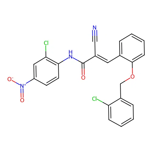 (E)-N-(2-chloro-4-nitrophenyl)-3-[2-[(2-chlorophenyl)methoxy]phenyl]-2-cyanoprop-2-enamide structure