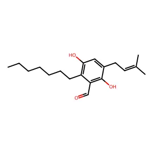 2-Heptyl-3,6-dihydroxy-5-(3-methyl-2-buten-1-yl)benzaldehyde structure