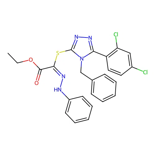 (E)-ethyl 2-((4-benzyl-5-(2,4-dichlorophenyl)-4H-1,2,4-triazol-3-yl)thio)-2-(2-phenylhydrazono)acetate structure