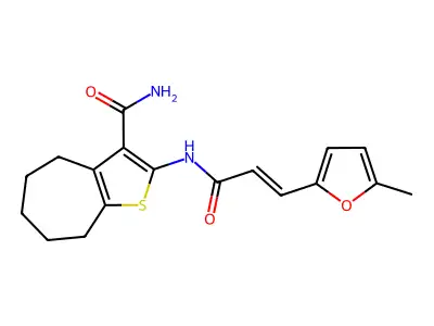 2-[[(E)-3-(5-methylfuran-2-yl)prop-2-enoyl]amino]-5,6,7,8-tetrahydro-4H-cyclohepta[b]thiophene-3-carboxamide structure