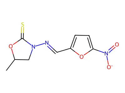 5-Methyl-3-{[(5-nitrofuran-2-yl)methylidene]amino}-1,3-oxazolidine-2-thione structure
