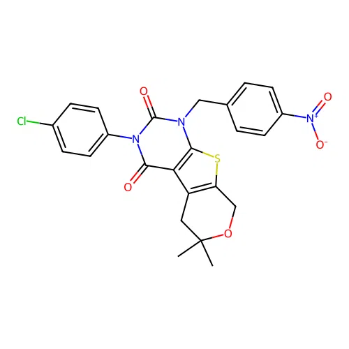 3-(4-chlorophenyl)-6,6-dimethyl-1-(4-nitrobenzyl)-1,5,6,8-tetrahydro-2H-pyrano[4',3':4,5]thieno[2,3-d]pyrimidine-2,4(3H)-dione structure