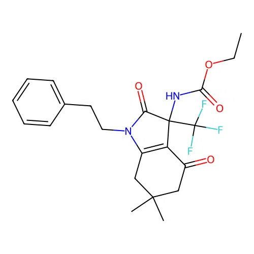 ethyl (6,6-dimethyl-2,4-dioxo-1-phenethyl-3-(trifluoromethyl)-2,3,4,5,6,7-hexahydro-1H-indol-3-yl)carbamate structure