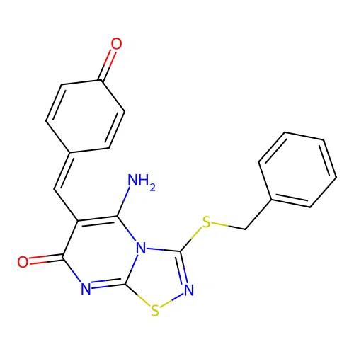 (6Z)-3-(benzylsulfanyl)-6-(4-hydroxybenzylidene)-5-imino-5,6-dihydro-7H-[1,2,4]thiadiazolo[4,5-a]pyrimidin-7-one structure