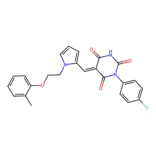 (E)-1-(4-fluorophenyl)-5-((1-(2-(o-tolyloxy)ethyl)-1H-pyrrol-2-yl)methylene)pyrimidine-2,4,6(1H,3H,5H)-trione structure