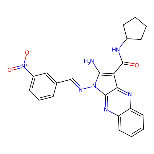 (E)-2-amino-N-cyclopentyl-1-((3-nitrobenzylidene)amino)-1H-pyrrolo[2,3-b]quinoxaline-3-carboxamide structure