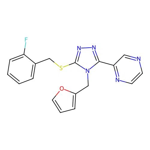 2-[5-[(2-fluorobenzyl)thio]-4-(2-furylmethyl)-4H-1,2,4-triazol-3-yl]pyrazine structure
