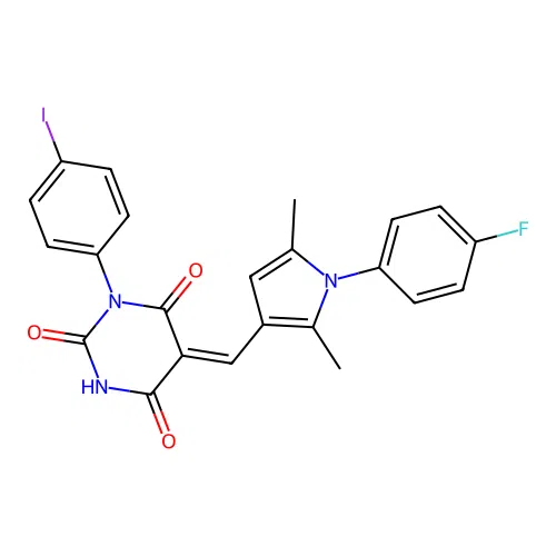 (5Z)-5-[[1-(4-fluorophenyl)-2,5-dimethylpyrrol-3-yl]methylidene]-1-(4-iodophenyl)-1,3-diazinane-2,4,6-trione structure