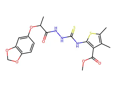 methyl 2-({[(2-(2H-benzo[3,4-d]1,3-dioxolan-5-yloxy)propanoylamino)amino]thiox omethyl}amino)-4,5-dimethylthiophene-3-carboxylate structure