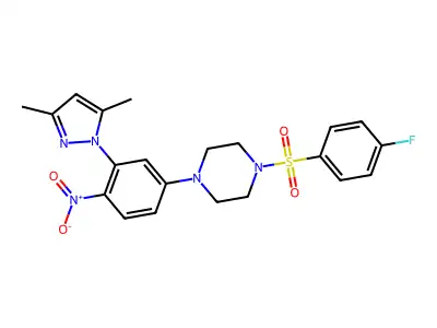 1-[3-(3,5-dimethyl-1H-pyrazol-1-yl)-4-nitrophenyl]-4-[(4-fluorophenyl)sulfonyl]piperazine structure