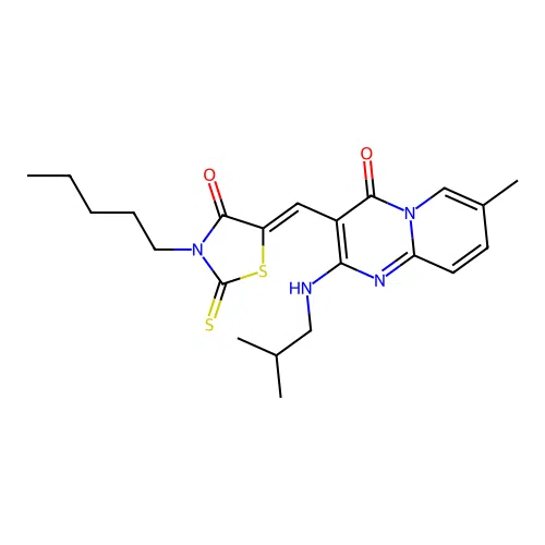 7-methyl-2-[(2-methylpropyl)amino]-3-[(Z)-(4-oxo-3-pentyl-2-thioxo-1,3-thiazolidin-5-ylidene)methyl]-4H-pyrido[1,2-a]pyrimidin-4-one structure