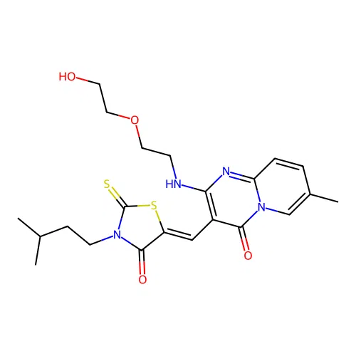 2-{[2-(2-hydroxyethoxy)ethyl]amino}-7-methyl-3-{(Z)-[3-(3-methylbutyl)-4-oxo-2-thioxo-1,3-thiazolidin-5-ylidene]methyl}-4H-pyrido[1,2-a]pyrimidin-4-one structure